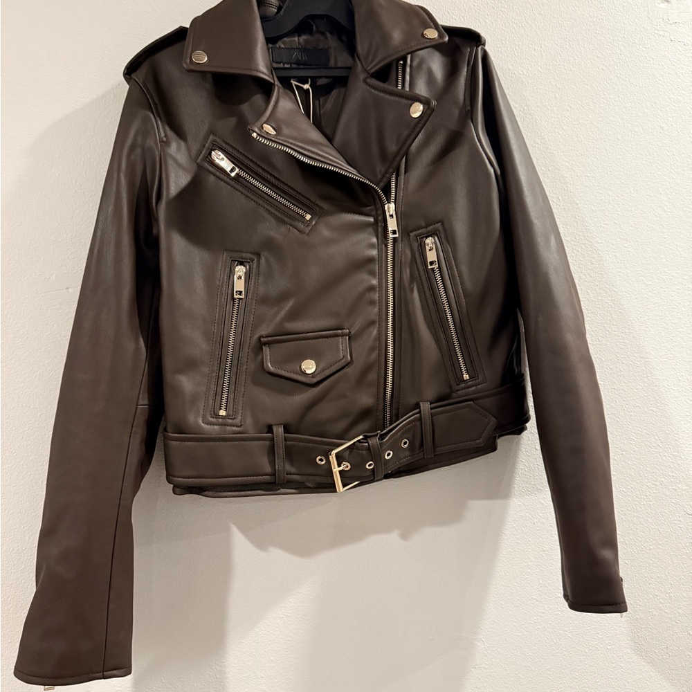 Zara Dark Brown Faux Leather Moto Jacket